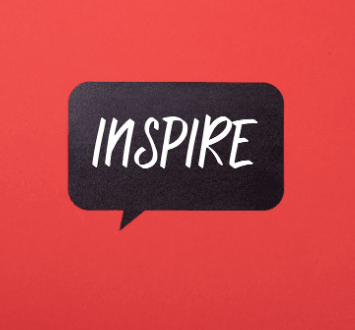 Black speech bubble with the word 'INSPIRE' in white letters on a red background.