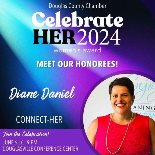 Celebrate HER 2024 women's award poster by Douglas County Chamber featuring Diane Daniel and event details.