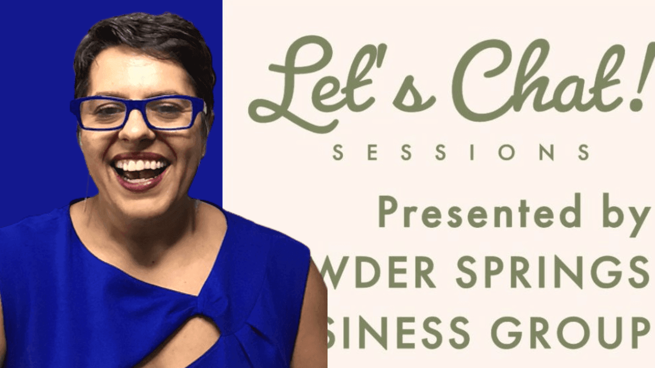 Woman in blue top and glasses smiling next to 'Let's Chat!' session text.